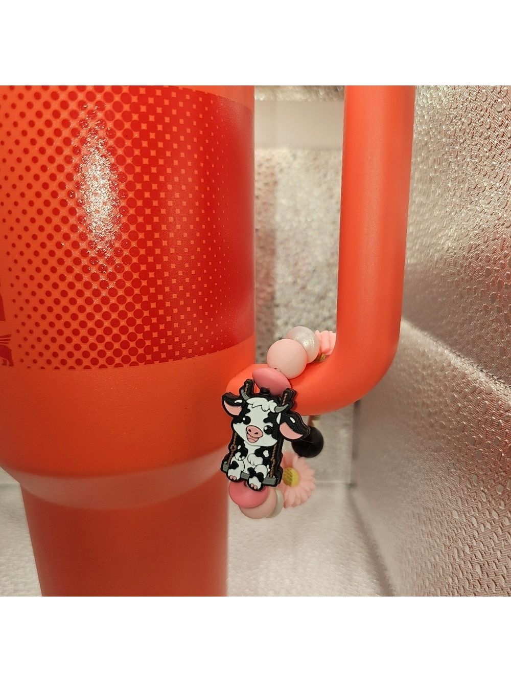 Silicone Tumbler Charms Moo Cow With Pink Flowers, White & Black Beads - Picture 2 of 2